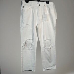 NEW Kancan Jeans Womens White Straight Fit Distressed High Rise Sz 11 29 Raw Hem